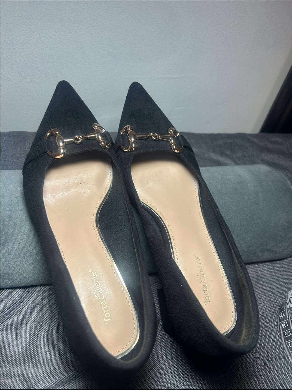 Black Pointed Toe shoes with Gold Hardware